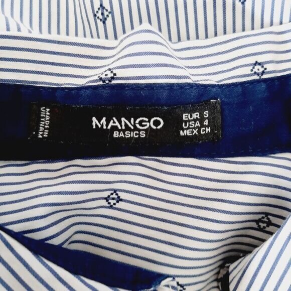 MANGO 1/4 Button Down Shirt White & Blue Stripe w/ Diamond Pattern Sz S - Picture 12 of 13